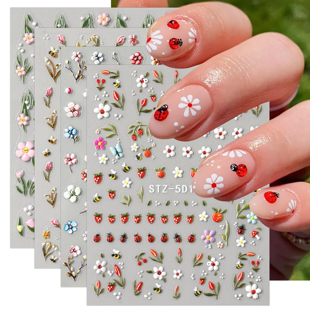 JMEOWIO 3D Kwiat Owoc Naklejki na Paznokcie 4 Arkuszy Nail Art Sticker Samoprzylepne Naklejek na Paznokcie Dekoracji Paznokci