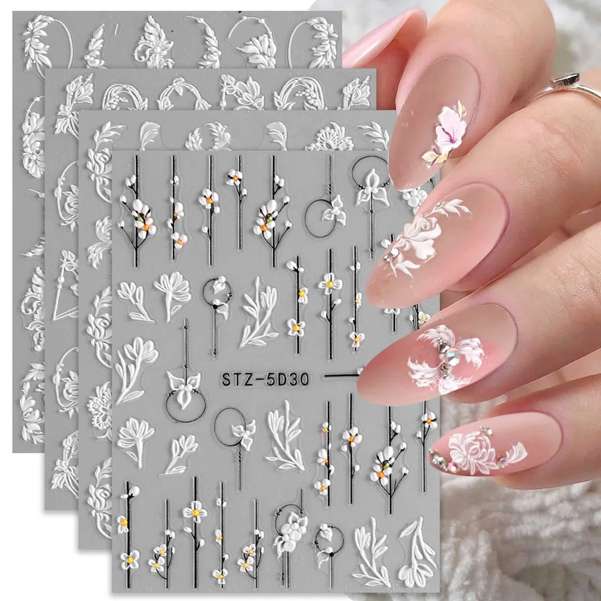 JMEOWIO Kwiat 3D Naklejki na Paznokcie 4 Arkuszy Nail Art Sticker Samoprzylepne Naklejek na Paznokcie Dekoracji Paznokci