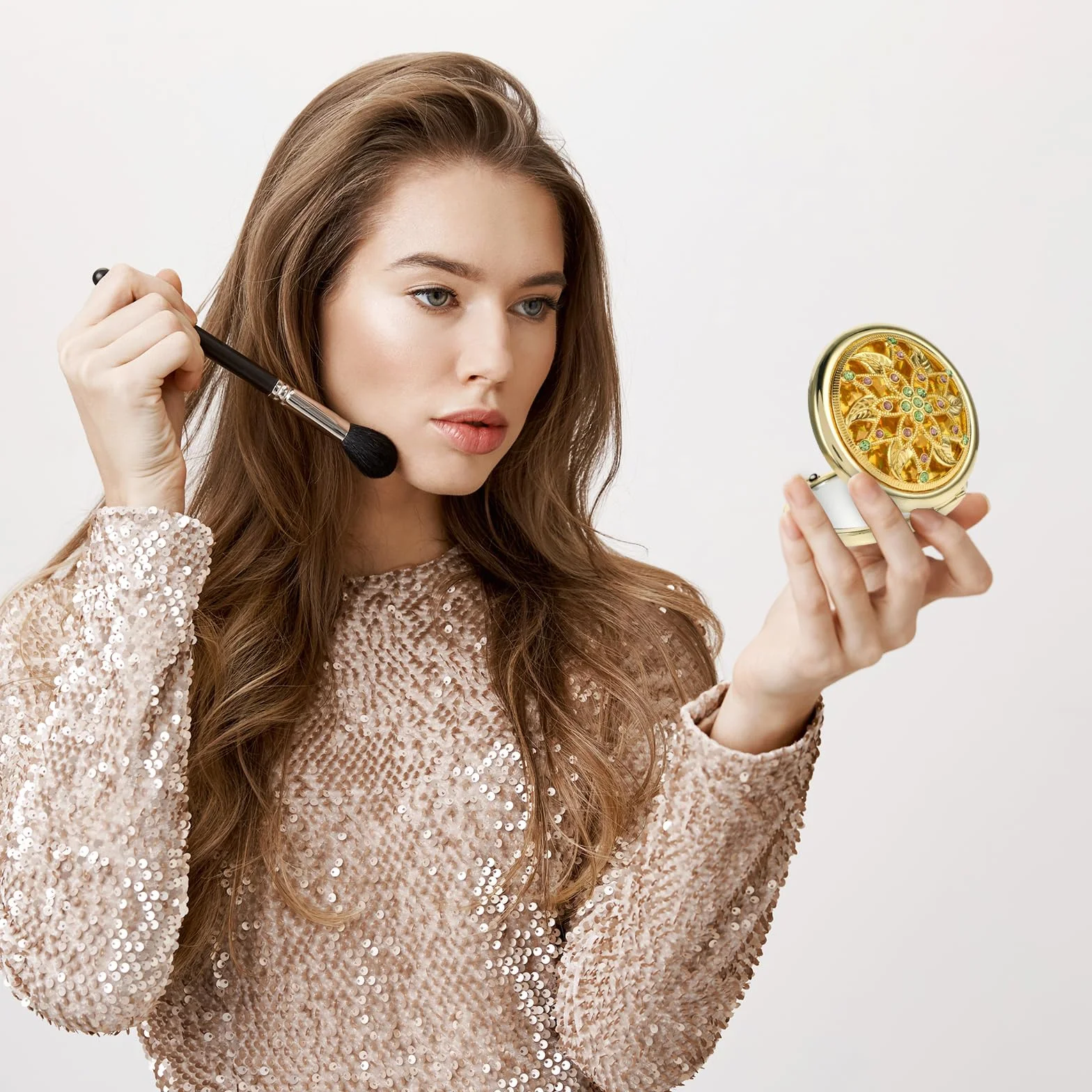 Sibba Lusterko do makijażu Kieszonkowe Lusterko Składane 1X / 2X Powiększenie Okrągłe Mini Lusterko w Stylu Pałacu Diament Wzorem Małe Przenośne Lusterko Kompaktowe Lusterko Kosmetyczne na Podróże