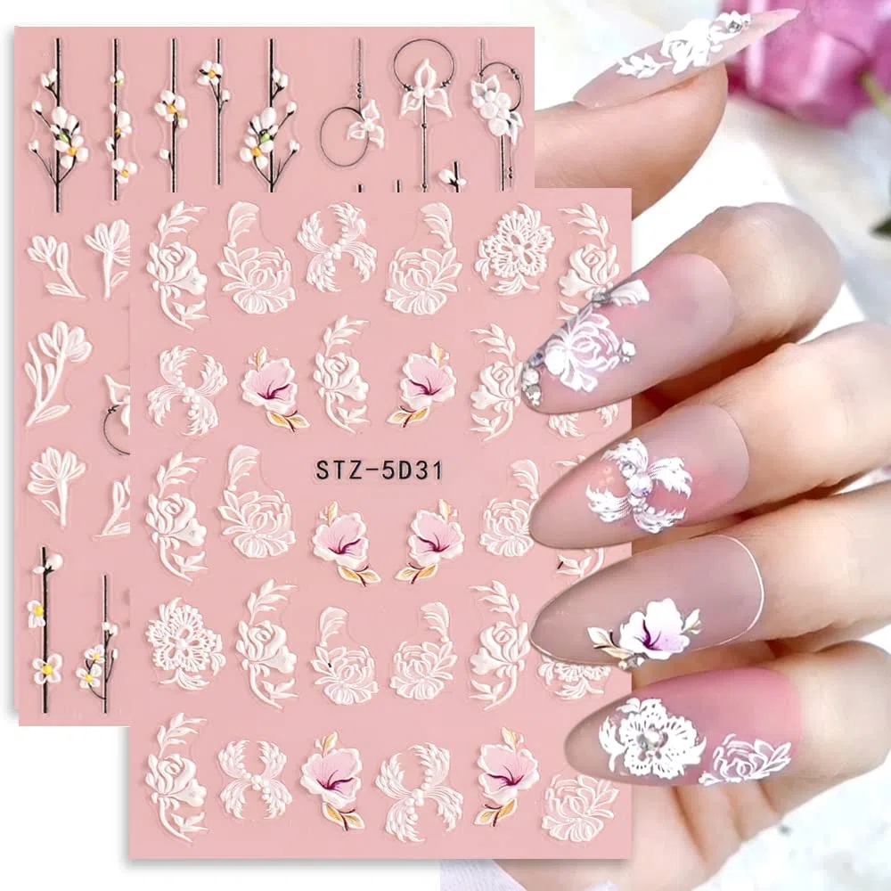 JMEOWIO Kwiat 3D Naklejki na Paznokcie 4 Arkuszy Nail Art Sticker Samoprzylepne Naklejek na Paznokcie Dekoracji Paznokci