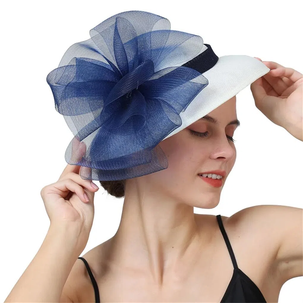 XYNSNDB Damski kapelusz na wesele Fascinator z pałąkiem na głowę i spinką do włosów Vintage urocza czapka Chapeau kwiatowa szpilka do włosów kość słoniowa z granatem