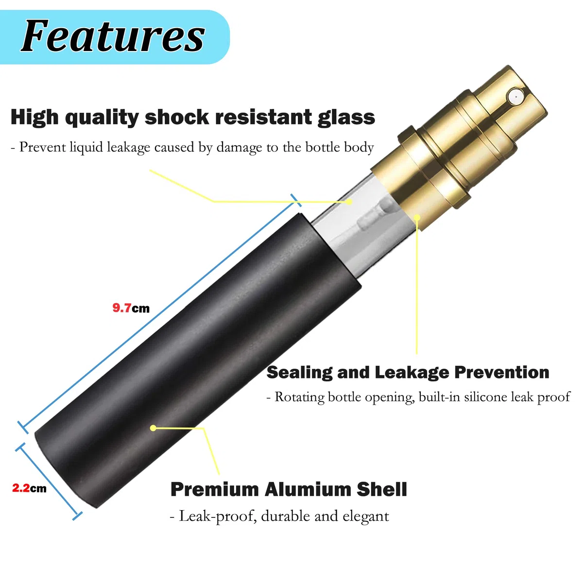 Rozpylacz do perfum, wielokrotnego napełniania, 10 ml, szczelny, mini atomizer do perfum w podróży, aluminiowy dozownik perfum z 3 narzędziami do napełniania – Butelka Podróżna do Perfum