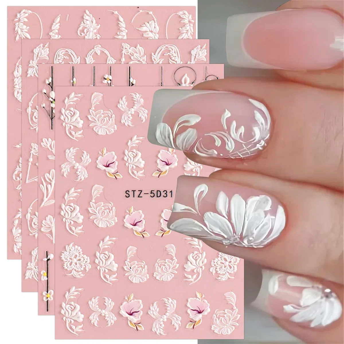 JMEOWIO Kwiat 3D Naklejki na Paznokcie 4 Arkuszy Nail Art Sticker Samoprzylepne Naklejek na Paznokcie Dekoracji Paznokci