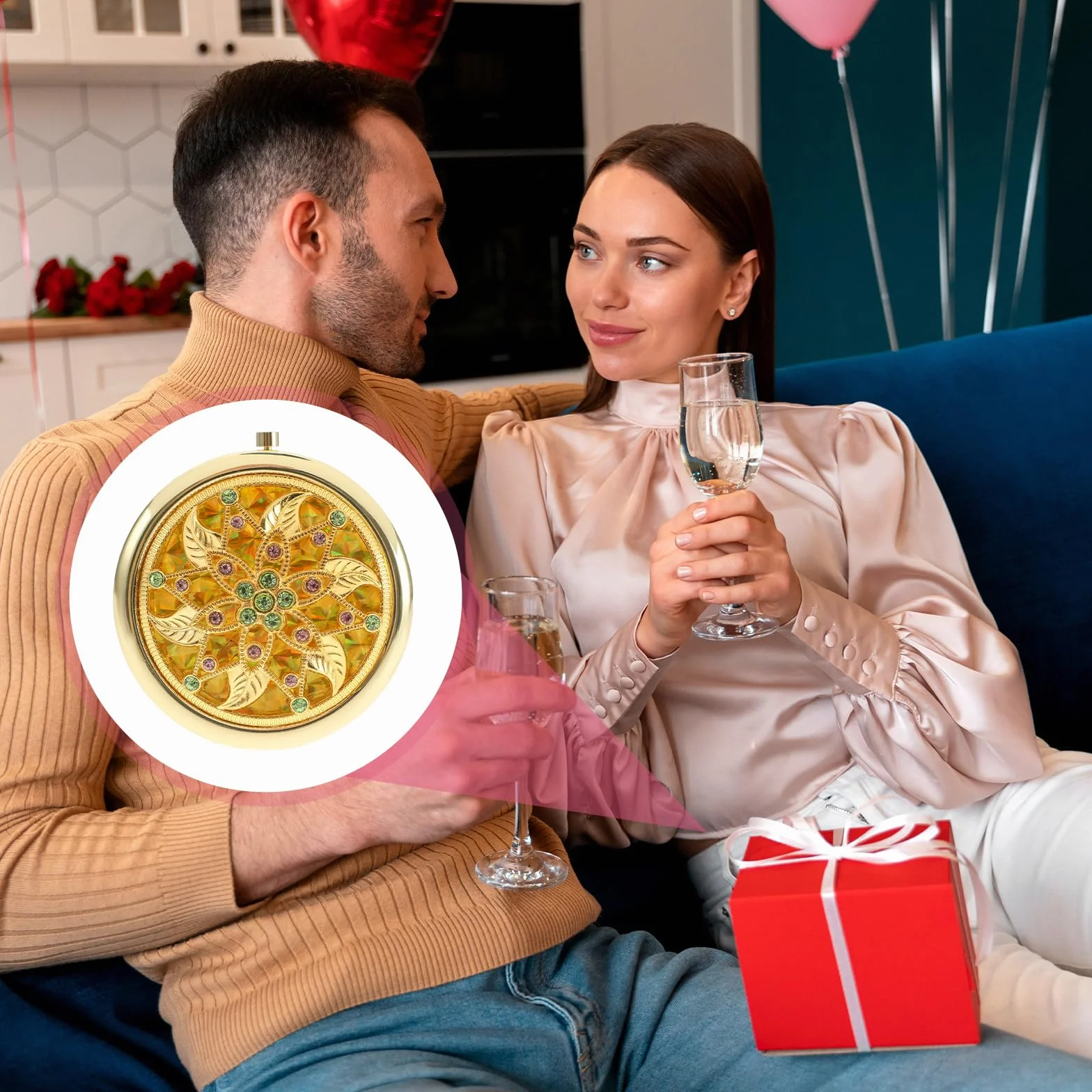Sibba Lusterko do makijażu Kieszonkowe Lusterko Składane 1X / 2X Powiększenie Okrągłe Mini Lusterko w Stylu Pałacu Diament Wzorem Małe Przenośne Lusterko Kompaktowe Lusterko Kosmetyczne na Podróże