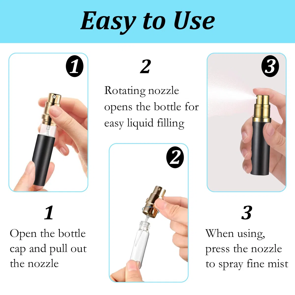 Rozpylacz do perfum, wielokrotnego napełniania, 10 ml, szczelny, mini atomizer do perfum w podróży, aluminiowy dozownik perfum z 3 narzędziami do napełniania – Butelka Podróżna do Perfum