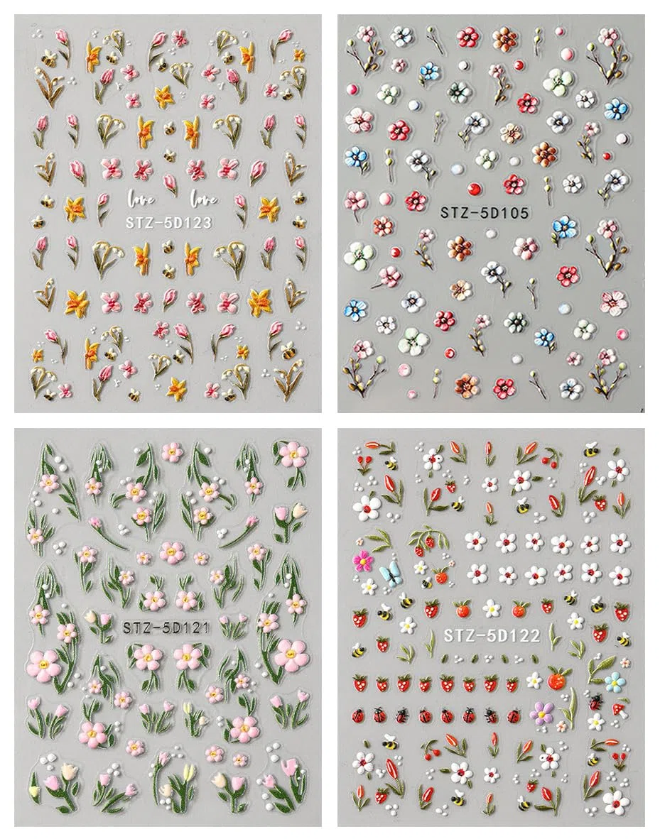 JMEOWIO 3D Kwiat Owoc Naklejki na Paznokcie 4 Arkuszy Nail Art Sticker Samoprzylepne Naklejek na Paznokcie Dekoracji Paznokci