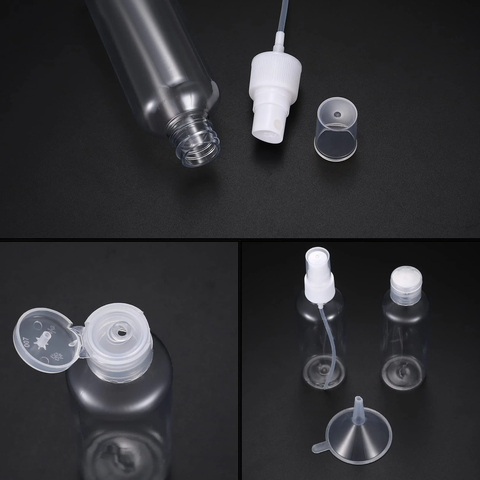 10 sztuk zestaw butelek podróżnych 100 ml (5 x butelki z nakrętką, 5 x butelki z rozpylaczem), puste plastikowe butelki, butelki do napełnienia do podróży, kosmetyków, z 2 lejkami, 1 etykietą, 1