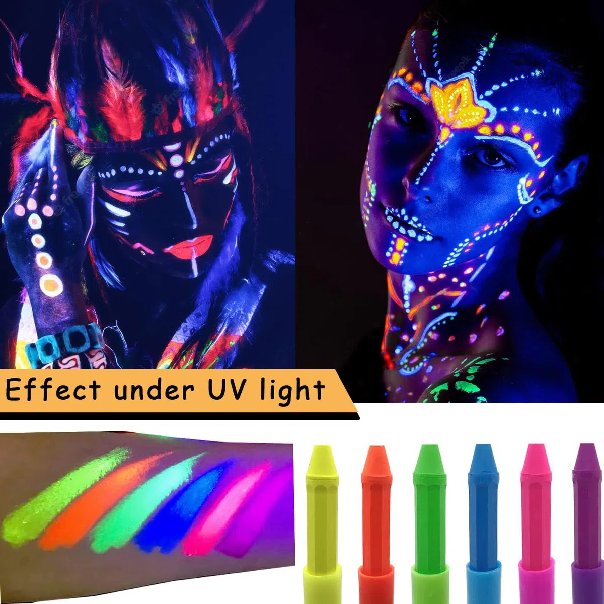 SUGERU 6 kolorów fluorescencyjne kredki do makijażu twarzy i ciała, zmywalne fluorescencyjne makijaże fluorescencyjne do ciała, neonowe farby do ciała, neonowe kolory, makijaż twarzy, makijaż na
