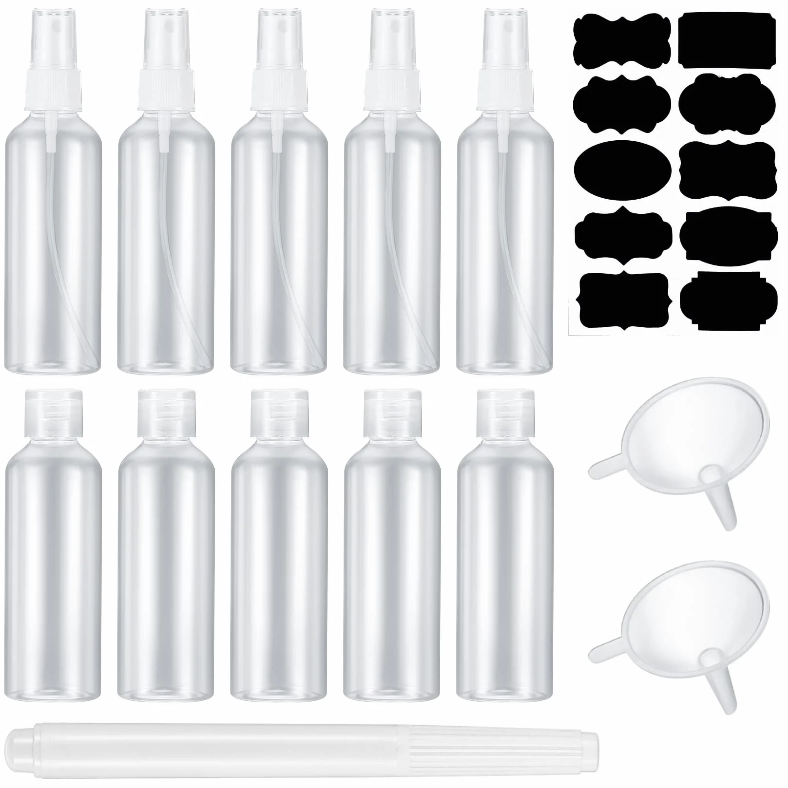 10 sztuk zestaw butelek podróżnych 100 ml (5 x butelki z nakrętką, 5 x butelki z rozpylaczem), puste plastikowe butelki, butelki do napełnienia do podróży, kosmetyków, z 2 lejkami, 1 etykietą, 1