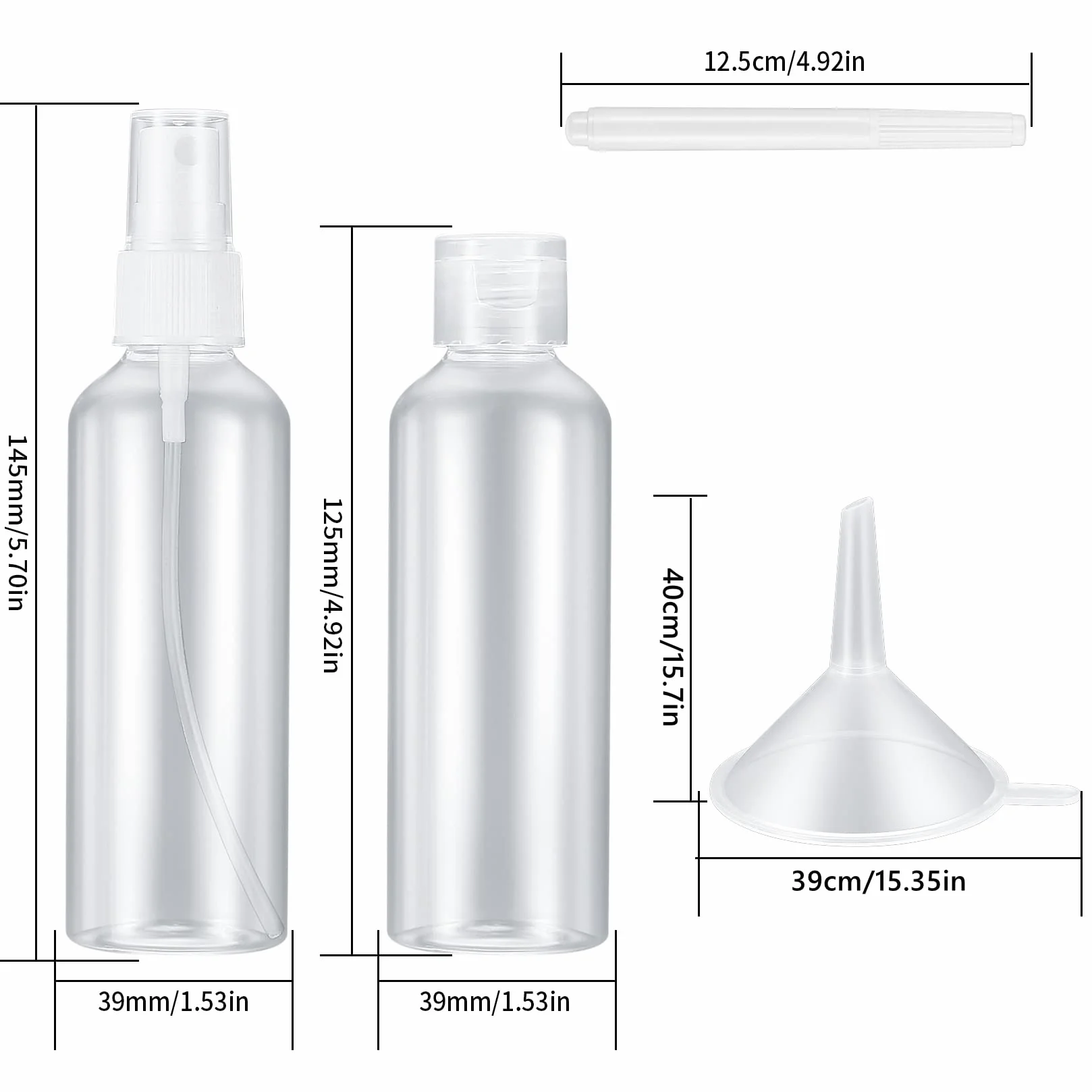 10 sztuk zestaw butelek podróżnych 100 ml (5 x butelki z nakrętką, 5 x butelki z rozpylaczem), puste plastikowe butelki, butelki do napełnienia do podróży, kosmetyków, z 2 lejkami, 1 etykietą, 1