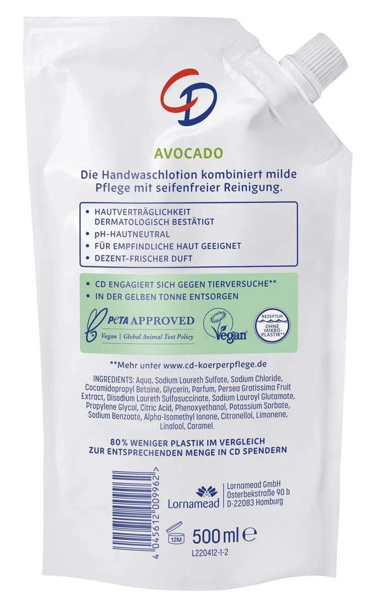 CD Balsam do mycia awokado w woreczku uzupełniającym 500 ml – pielęgnujący balsam do nawilżającego oczyszczania – wegański i bez mydła, 500 ml