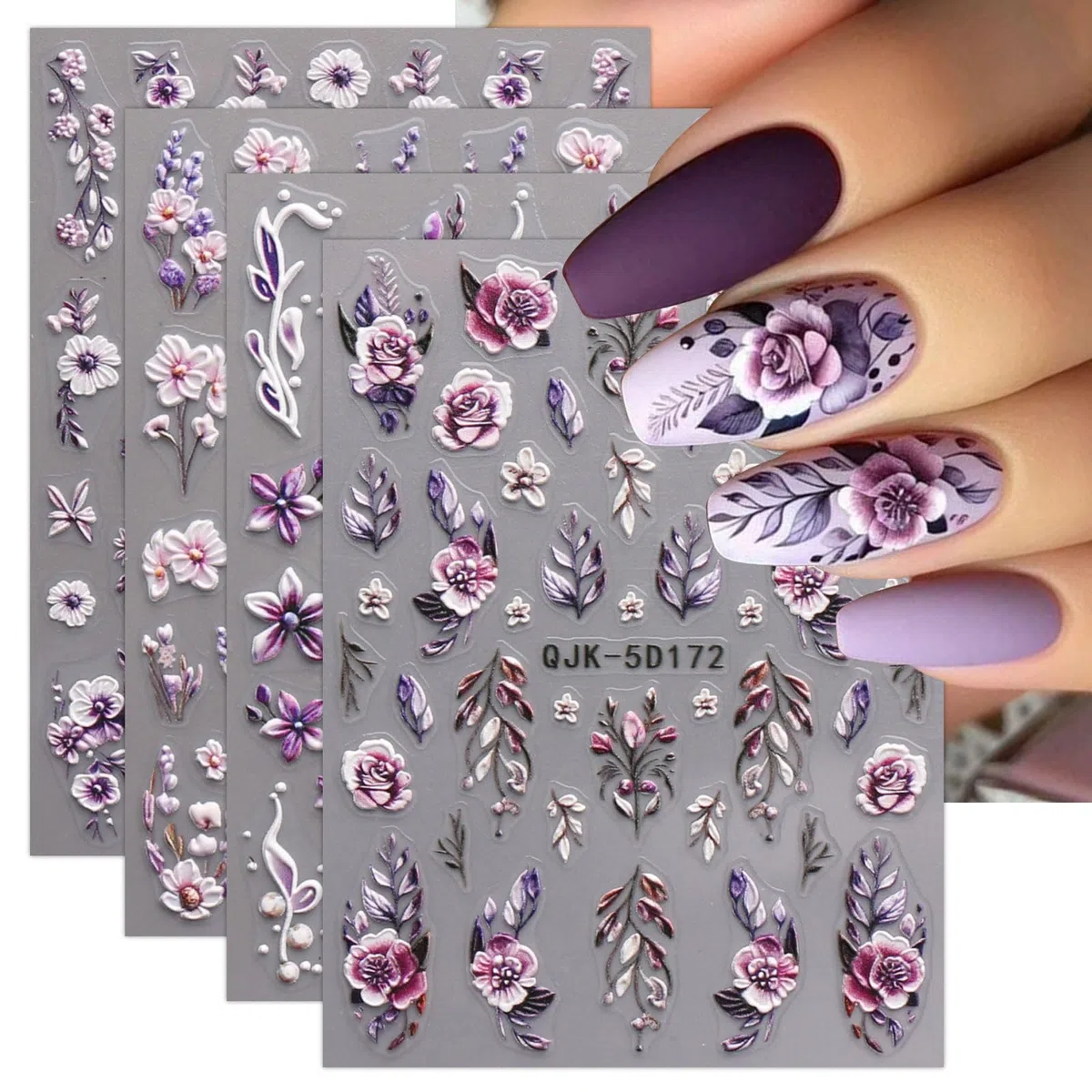 JMEOWIO 3D Kwiat Naklejki na Paznokcie 4 Arkuszy Nail Art Sticker Samoprzylepne Naklejek na Paznokcie Dekoracji Paznokci