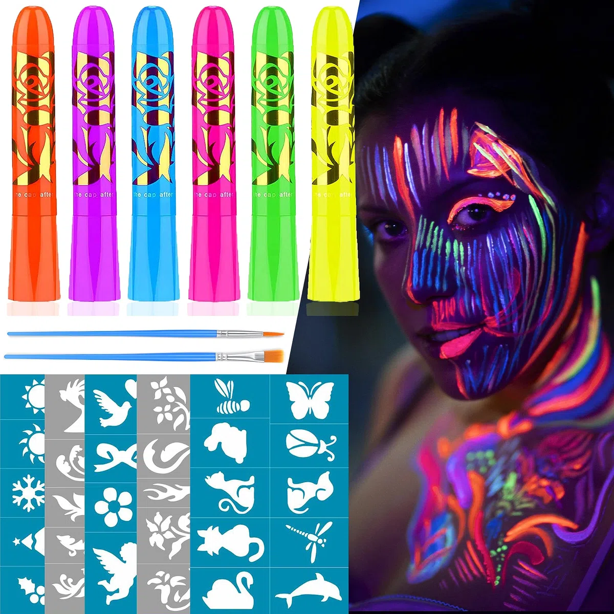 SUGERU 6 kolorów fluorescencyjne kredki do makijażu twarzy i ciała, zmywalne fluorescencyjne makijaże fluorescencyjne do ciała, neonowe farby do ciała, neonowe kolory, makijaż twarzy, makijaż na